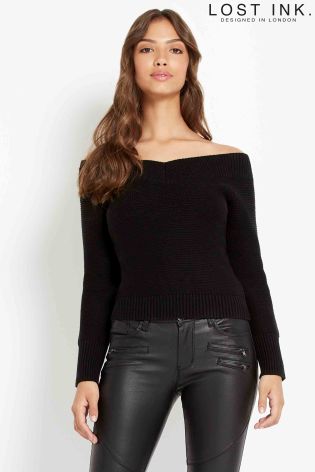 Lost Ink Knitted V neck Bardot Jumper